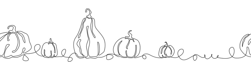 Banner with pumpkins in line art style. Black line on a white background. Vector