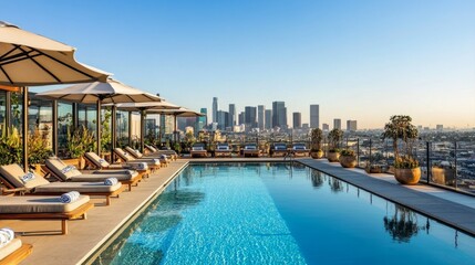 Obraz premium A rooftop pool deck with umbrellas and loungers, enjoying the sunshine with sweeping city views