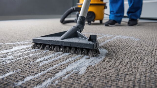 Cleaning carpet with a vacuum cleaner and a brush, focus on textured surface.