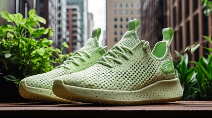 A pair of light green sneakers with a mesh design, sitting on a wooden surface.
