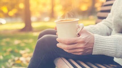 Middle-aged man with slight tremor holding cup of coffee on park bench, symbolizing struggle with Parkinson's disease, calm natural setting.