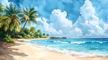 A serene tropical beach scene featuring lush palm trees, soft sand, and vibrant blue ocean waves under a bright, cloudy sky.