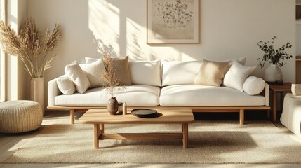 A Scandinavian-style living room set with a light-colored sofa, wooden coffee table, and throw pillows, ready for digital use