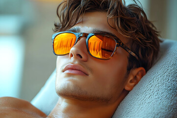 Close-up A handsome man with a muscular physique lounges by a pool, wearing stylish orange mirrored sunglasses, enjoying a moment of serene relaxation.	