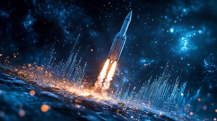 A 3D-rendered rocket launching into space with a glowing upward graph in the background, symbolizing growth and success. 
