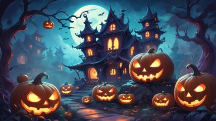 A spooky haunted house with jack-o-lanterns and a full moon in the background.