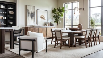 A trendy living room setup with a bar stool and a dining table, blending comfort and style effortlessly