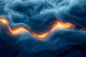 A mesmerizing abstract image featuring fluid, swirling blue and orange tones, reminiscent of cosmic phenomena or molten lava in a dreamlike setting.