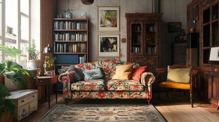 An eclectic living room with mixed patterns, vintage furniture, and artistic decor, ideal for transparent background use