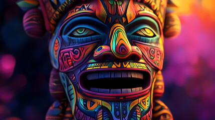 Fototapeta premium Colorful 3D illustration of sacred tiki mask with vibrant patterns and details