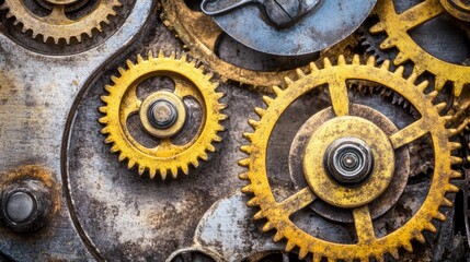 Obraz premium A steampunk background filled with intricately detailed rusty gears and cogs, ideal for vintage or industrial-themed designs.
