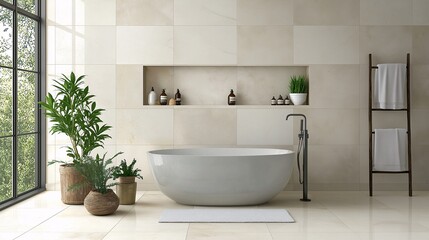 Fototapeta premium Modern Bathroom with Bathtub and Natural Elements