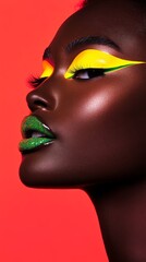 A closeup of a model with acid green and neon yellow eyeliner creating a look of surprise and wonder, with holographic lip gloss reflecting light in rainbow hues and intense highlighter emphasis. © Aleksandra