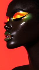A dynamic beauty shot of a model with bright red eyeshadow and neon purple lips, capturing a mood of mystery and intrigue, with acid green highlighter reflecting light under cyan and magenta lighting.