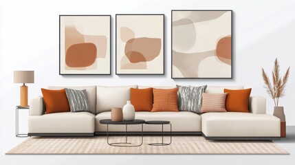 Elegant living room furniture featuring a sectional sofa, abstract artwork, and decor elements on a transparent background