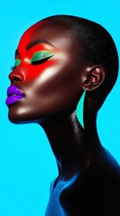 A dynamic beauty shot of an Eastern European model with bright red eyeshadow and neon purple lips, capturing mystery and depth, with acid green highlighter enhancing her porcelain complexion.