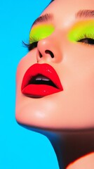 A dynamic beauty shot of an Eastern European model with bright red eyeshadow and neon purple lips, capturing mystery and depth, with acid green highlighter enhancing her porcelain complexion.
