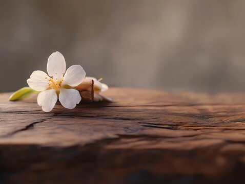 A delicate piece of wood in warm sunlight with some white orange-flower background