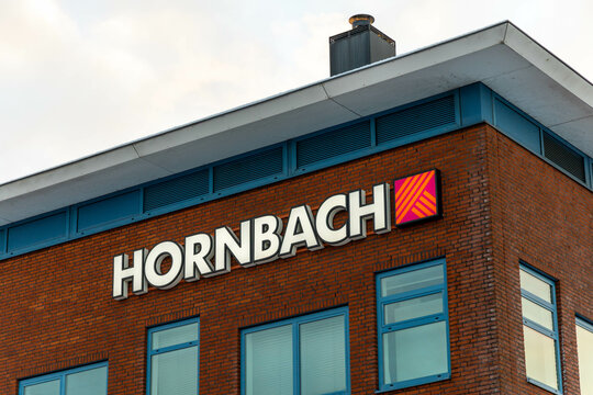 Hornbach entrance at the headquarters. Hornbach is a German DIY-store chain offering home improvement and do-it-yourself goods. Houten, the Netherlands. 13 January 2023. 