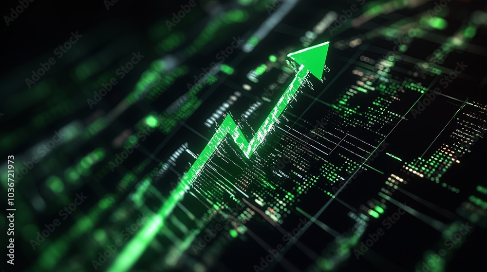 Poster a glowing green upward arrow cutting through a dark background of numbers, symbolizing a booming sto