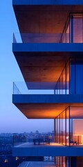 Modern architectural structure with sleek lines and glass, featuring illuminated balconies at dusk, reflecting a serene evening ambiance.