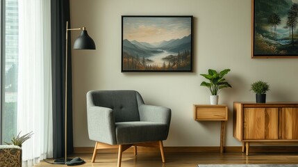 Obraz premium A comfortable living room with landscape paintings and plants
