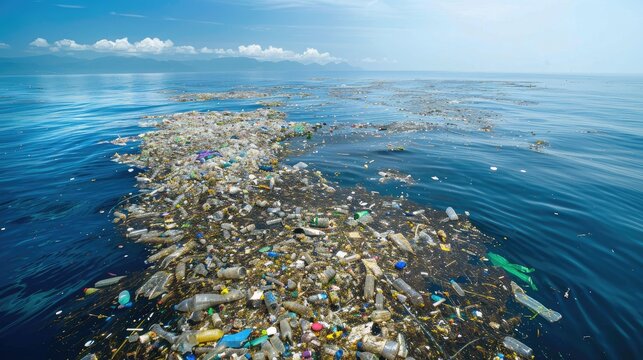 An aerial view of Plastic Island, also known as the Great Pacific Garbage Patch or Pacific Trash Vortex, which is composed mainly of plastic, light metals, and garbage organic residues in the ocean.