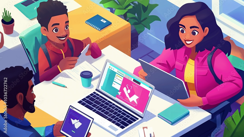 Poster a modern co-working space with people of different ethnicities collaborating on laptops and tablets