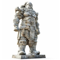 Weathered stone statue of a powerful warrior, showcasing intricate carvings and a commanding presence