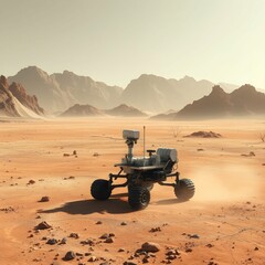 A rover exploring the dusty surface of an exoplanet, with alien mountains in the background
