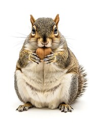 Fototapeta premium Chubby Squirrel Clutching Oversized Nut on White Background
