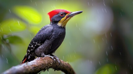 Fototapeta premium A red-crested woodpecker perched on a branch, with rain falling in the background.