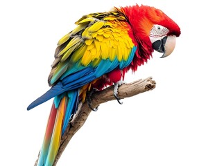 Fototapeta premium Vibrant Overweight Parrot Perched on Branch Against White Background