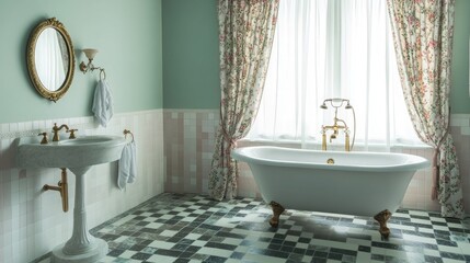 Spacious bathroom with checkerboard tile flooring