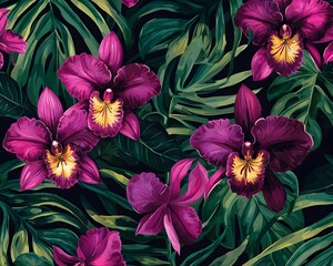 Dramatic Tropical Orchid Pattern with Lush Green Foliage on Black Background