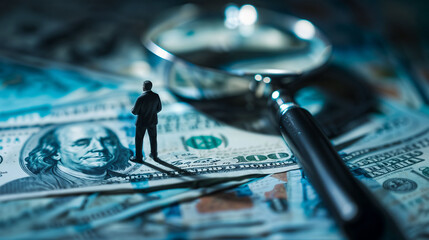 Obraz premium Miniature toy of businessman standing on dollar bills with magnifying glass. Concept of financial investigation, audit, or economic analysis.