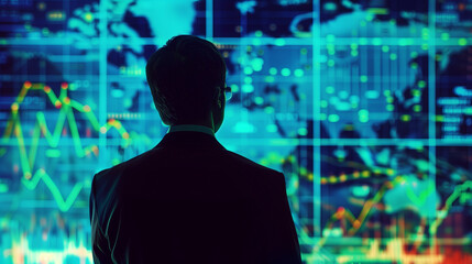 Back of a businessman observing data analytics dashboard. Rear view of man in suit facing glowing screens. Futuristic interface displaying global market trends and financial information
