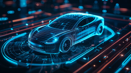 Futuristic digital wireframe car model on dark background with glowing blue light trails. Concept of automotive design, engineering, and smart vehicle technology