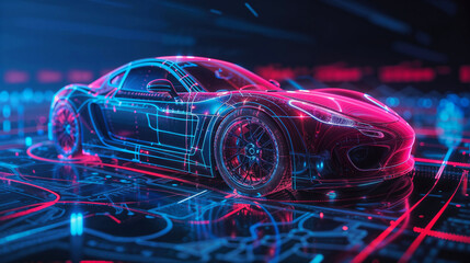 Futuristic sports car with neon blue and pink digital circuits overlay, set in a high-tech, virtual...