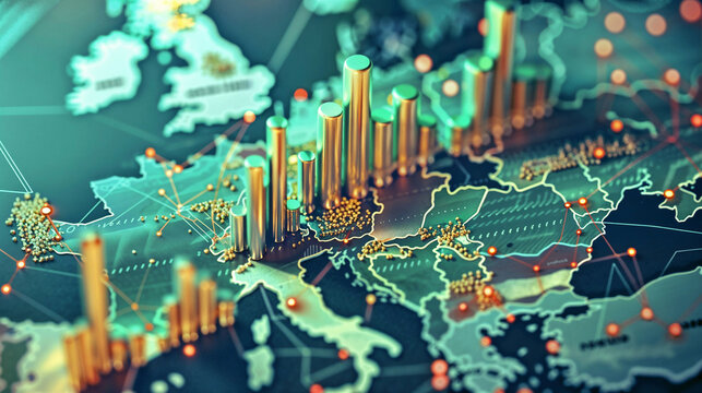 3D visualization of Europe's economic data. Golden bar charts on digital map. Financial growth and market trends across countries - Powered by Adobe