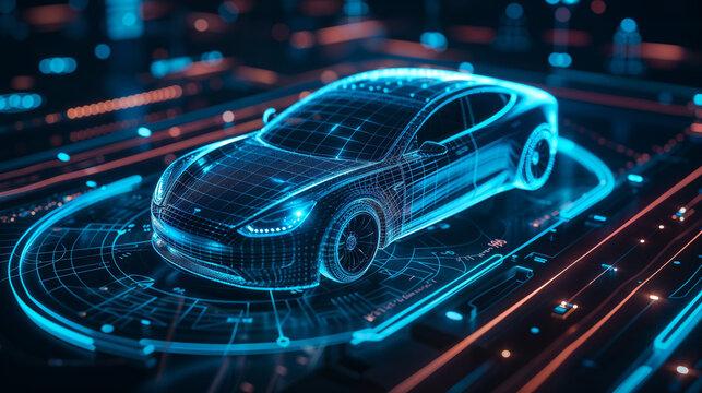 Futuristic digital wireframe car model on dark background with glowing blue light trails. Concept of automotive design, engineering, and smart vehicle technology
