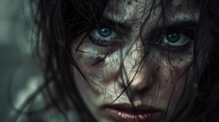 Intense close-up of woman's face with piercing blue eyes. Disheveled hair, bruised skin. Gritty, atmospheric portrait. Post-apocalyptic or survival theme. Raw emotion.
