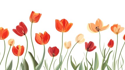 Fototapeta premium Vibrant Tulip Pattern with Curving Stems and Leaves on Fresh White Background