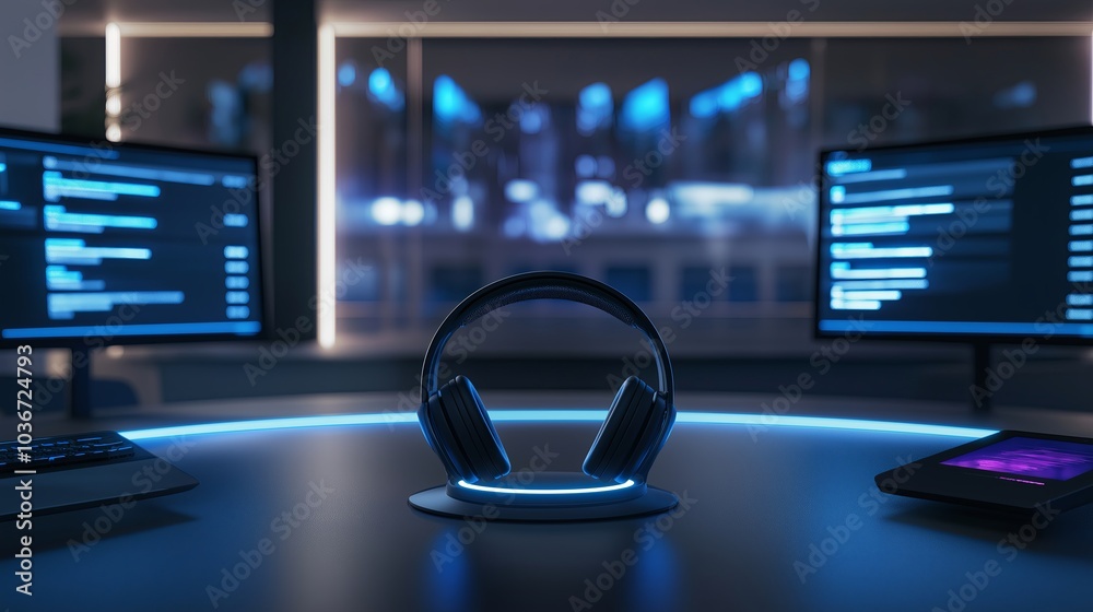 Aufkleber a sleek headset placed on a desk, surrounded by glowing computer