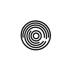 A simple, abstract black and white design featuring a circle with concentric lines.