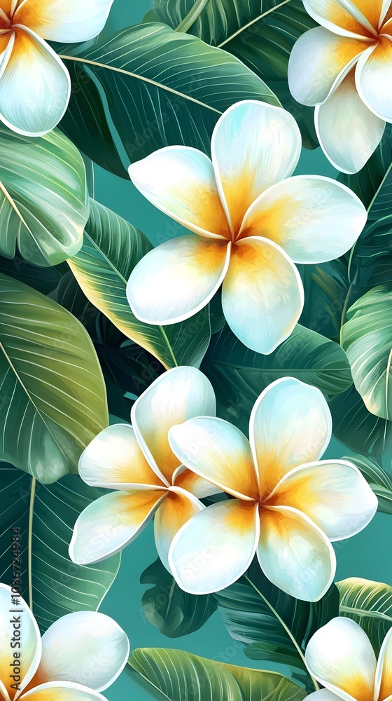 Sticker Lush Tropical Frangipani Flower Pattern with Glossy Green Leaves on Soft Turquoise Background