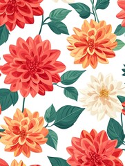 Vibrant Geometric Dahlia Flower Pattern with Crisp Green Leaves on Pure White Background