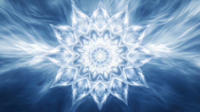 Delicate snowflake-like geometric shapes form a captivating symmetrical pattern on a serene blue backdrop, evoking winter's beauty. Generative AI