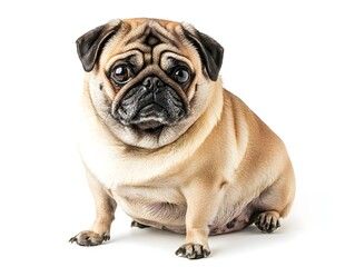 Obraz premium Chubby Pug Sitting With Tilted Head and Big Pleading Eyes on White Background