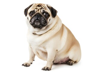 Obraz premium Chubby Pug Sitting with Tilted Head and Pleading Big Eyes on White Background